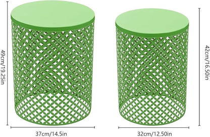 2PCS Outdoor Side Table, Heavy Duty Metal Frame Side Table Decorative Garden Stool Modern End Table Round Coffee Table for Patio Gardens Balconies Cafes (Green)