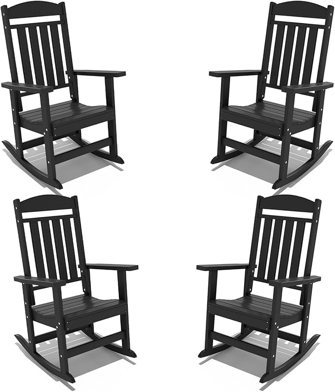 FOOWIN Outdoor Rocking Chair Set of 4,High Back Patio Rocking Chair, HDPE All Weather Resistant Porch Rocker for Adult, Oversized Rocking Chairs for Garden, Lawn, Indoor & Outdoor Use, Black