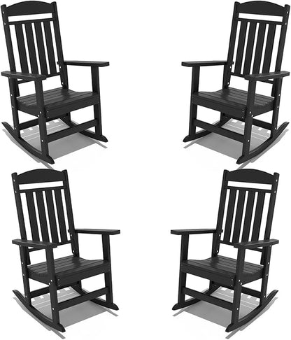 FOOWIN Outdoor Rocking Chair Set of 4,High Back Patio Rocking Chair, HDPE All Weather Resistant Porch Rocker for Adult, Oversized Rocking Chairs for Garden, Lawn, Indoor & Outdoor Use, Black