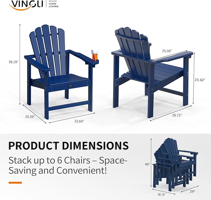 VINGLI Plastic Folding Adirondack Chair with Cup Holder, 100% Recyclable HDPE Material, Comfortable 380lb Weight Capacity for Outdoor Pool Patio Lounge Chair Lawn Furniture Fire Pit, 1 Pack, Navy Blue