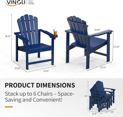 VINGLI Plastic Folding Adirondack Chair with Cup Holder, 100% Recyclable HDPE Material, Comfortable 380lb Weight Capacity for Outdoor Pool Patio Lounge Chair Lawn Furniture Fire Pit, 1 Pack, Navy Blue