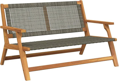 48" Solid Acacia Wood Outdoor Patio Chair, 2-Seat Modern Garden Bench in Grey, Ergonomic Armrests, Weather-Resistant Backyard Seating for Balcony, Porch, Lawn