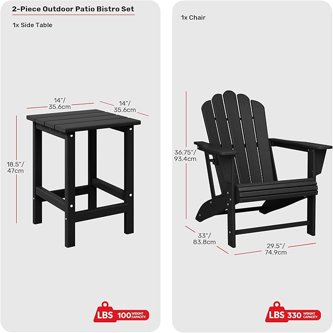 Costaelm Lakeview Outdoor Patio HDPE Adirondack Chair with Cup Holder and Table Set, Black