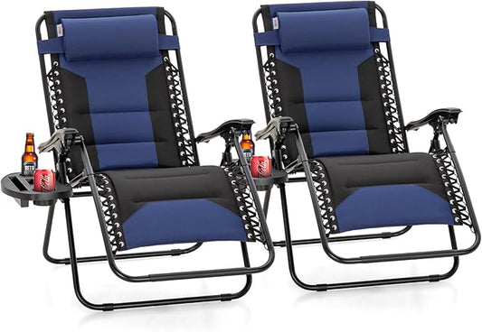 PHI VILLA Zero Gravity Chair Set of 2, Padded Anti Gravity Recliner, Oversized 28" Wide Seat, Foldable Patio Lounger with Armrest & Cup Holder, Supports 400 LBS (Blue Black)