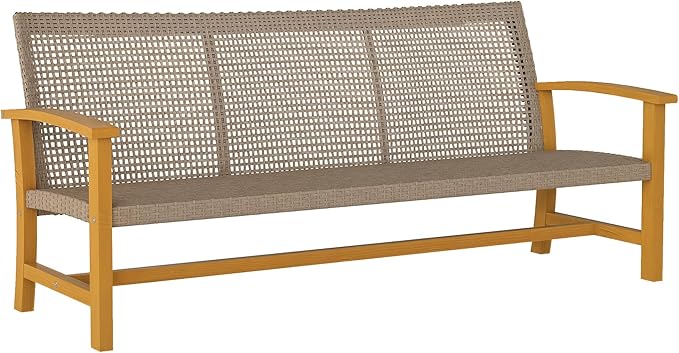 Outsunny Wicker Outdoor Couch, 3-Seat Rattan Outdoor Patio Sofa, 1000 lbs. Capacity, Acacia Wood Patio Furniture Couch with Steel Seat and Armrests for Backyard, Porch, Teak