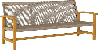 Outsunny Wicker Outdoor Couch, 3-Seat Rattan Outdoor Patio Sofa, 1000 lbs. Capacity, Acacia Wood Patio Furniture Couch with Steel Seat and Armrests for Backyard, Porch, Teak