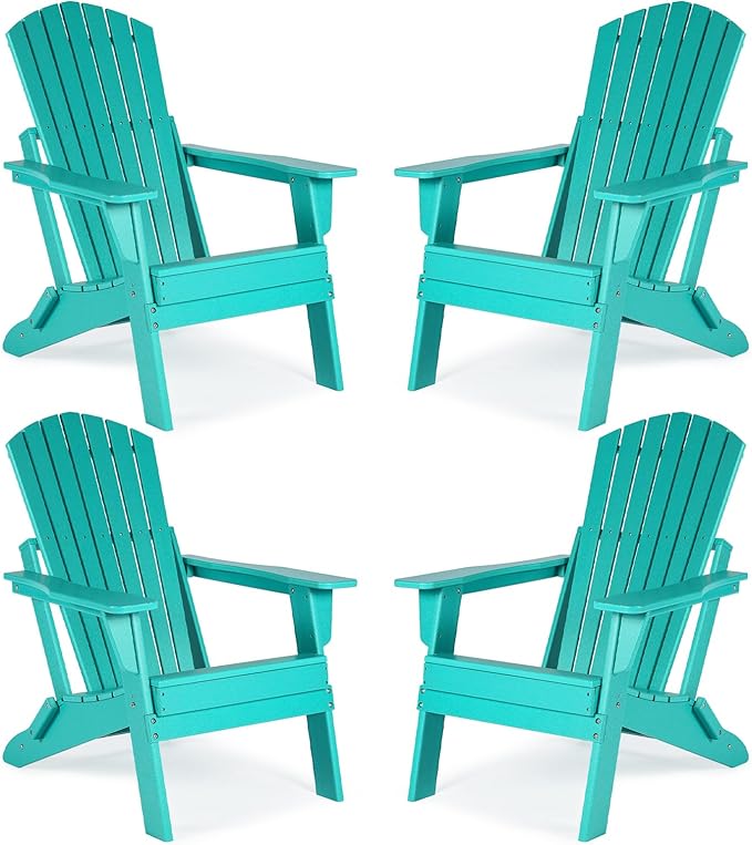Aoodor Folding Adirondack Chair HDPE Outdoor All-Weather Chair for Patio, Garden, Backyard, Lawn, Fire Pit, Set of 4, Aruba