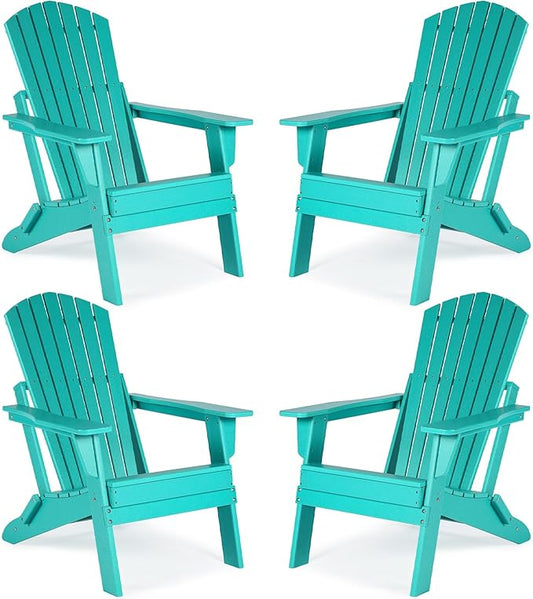 Aoodor Folding Adirondack Chair HDPE Outdoor All-Weather Chair for Patio, Garden, Backyard, Lawn, Fire Pit, Set of 4, Aruba