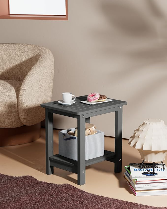 YEFU Outdoor Side Table for Patio: 16" HIPS Weather - Resistant Adirondack Tables - Waterproof Small Square End Tables for Backyard Living Room Bedroom - Indoor Outdoor Double Layer Table Dark Gray