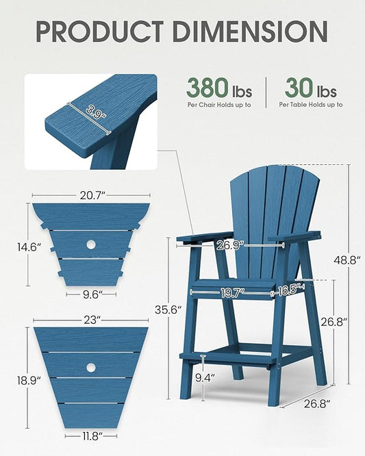 Tall Adirondack Chairs Set of 2, HDPE High Adirondack Chairs with Double Removable Trays, All Weather Outdoor Barstools for Patio, Balcony, Backyard, Deck and Garden, NavyBlue
