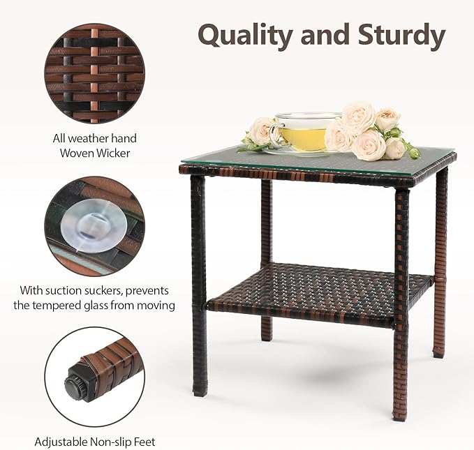 Outdoor Wicker Side Table,2-Layer Patio Rattan Garden Coffee End Square Table with Glass Top (Brown)