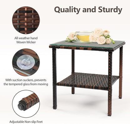 Outdoor Wicker Side Table,2-Layer Patio Rattan Garden Coffee End Square Table with Glass Top (Brown)