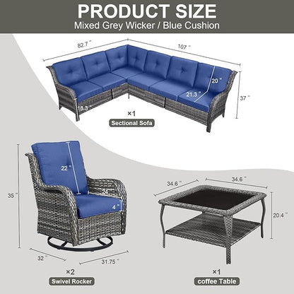 Belord Patio Furniture Set 6 Seats, Outdoor Swivel Rocker Patio Chairs, Oversized Outdoor Sectional Couch, Two 3-Seater Sofas with Coffee Table, Ideal for Porch, Deck, Gray Wicker/Blue