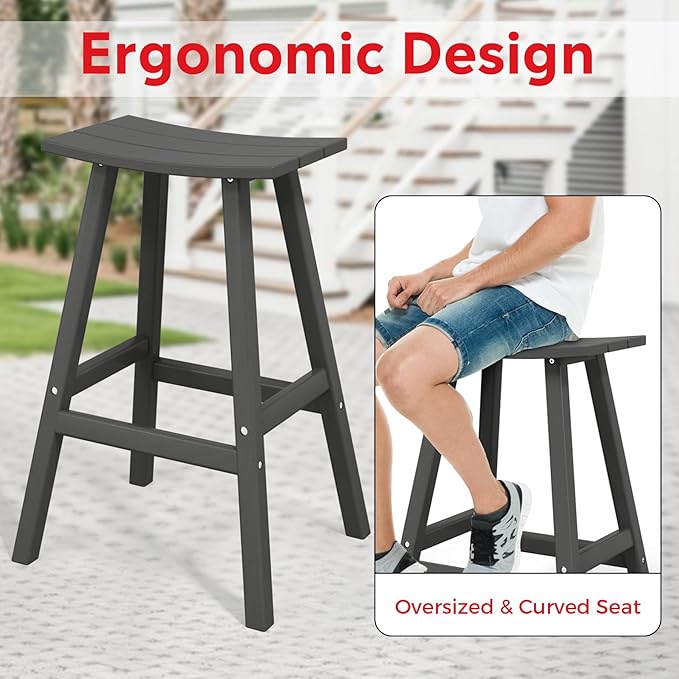 Costaelm All-Weather Bar Stools Set of 3, 29" Height Outdoor Bar Stools, Adirondack Poly Patio Bar Stool for Patio, Deck, Kitchen Counter and Garden, Gray