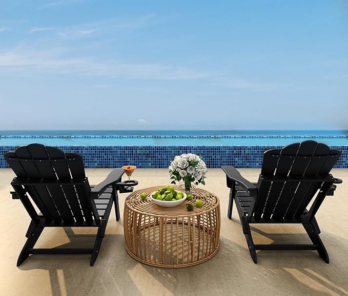 FOOWIN Adirondack Chair Set of 8, Folding HDPE Patio Chairs with Cup Holder, 400LBS Heavy Duty Commercial Fire Pit Seating for Resort, Hotel, Event, Large Deck, Black