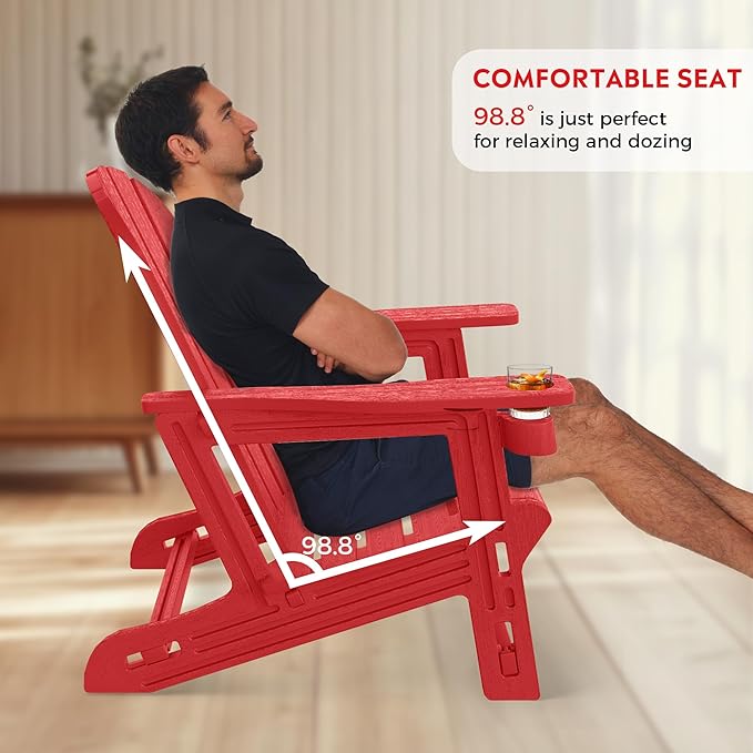 Costaelm Tool-Free Assembly Outdoor Patio HDPE Plastic Adirondack Chair with Cup Holder, Red