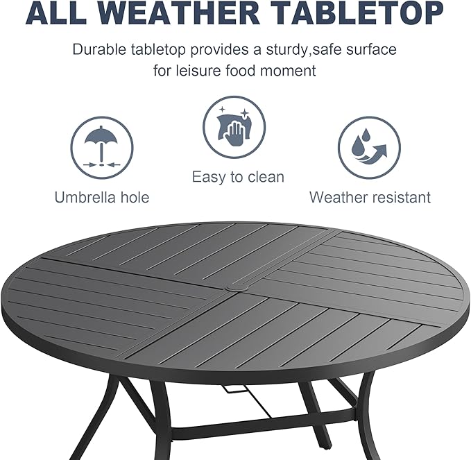 VICLLAX 53" Round Patio Dining Table for 6-8, All Weather Metal Outdoor Table with 1.57" Umbrella Hole and Surdy Frame for Garden Lawn Deck, Walnut