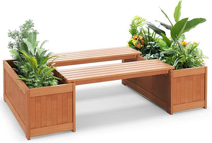 2 Pcs Raised Garden Bed with Bench, 2 in 1 Wooden Outdoor Planter Bench w/Removable Top, Open Base & 45 Gallon Large Capacity, Rectangular Planter Box for Flowers Herbs, Patio Yard Balcony