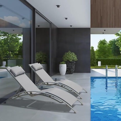 Domi Pool Lounge Chairs Set of 2, Adjustable Aluminum Outdoor Chaise Lounge Chairs, All Weather for Deck Lawn Poolside Backyard -Grey Textilene