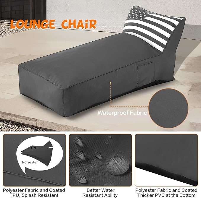 Outdoor Chaise Lounge Chair, Sunbed UV Resistant American Flag Sofa Couch Patio Waterproof Outside Sunlounge Reclining Sunbathing Bed Comfy Single Chaise Daybed for Garden, Pool, Beach, Dark Gray