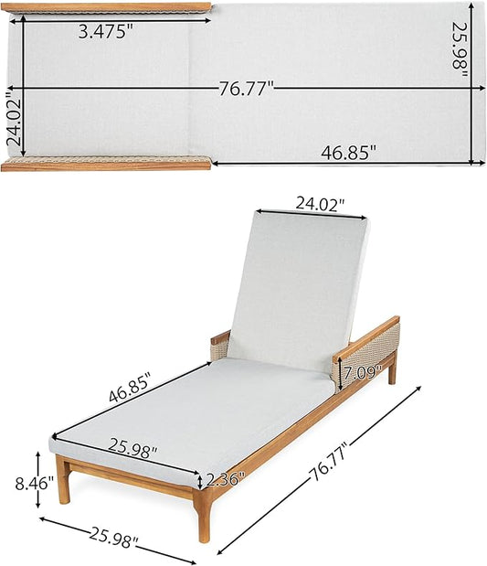 Christopher Knight Home Kanmy 76.8'' Acacia Wood Chaise Lounge Outdoor with Cushion, Patio Recliner Chair with 4-Position Adjustable Backrest, Sun Lounger with Wicker Accent, Light Grey + Natural