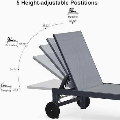 PURPLE LEAF Chaise Lounge Chair with Wheels for Outside 4 Pieces Aluminum Outdoor Lounge Chairs with 5 Adjustable Position Recliner for Patio Beach Yard Pool Side Table Included Grey
