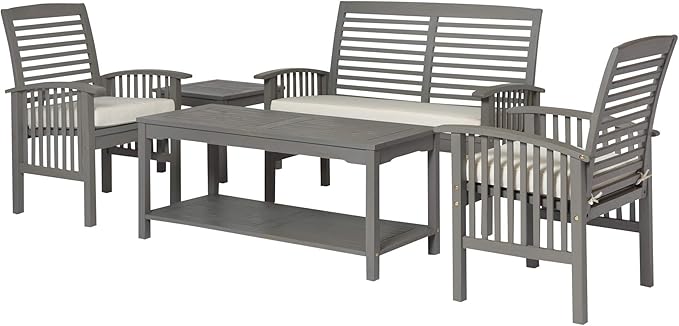 Walker Edison AZGWLSCH5GW Portofino 5 Piece Slat Back Patio Chat Set with UV Resistant Cushions, Grey Wash - Photo 4