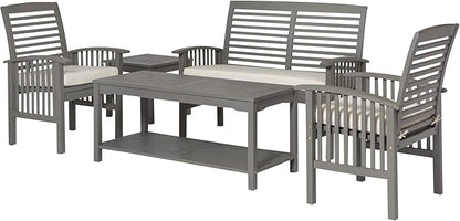 Walker Edison AZGWLSCH5GW Portofino 5 Piece Slat Back Patio Chat Set with UV Resistant Cushions, Grey Wash