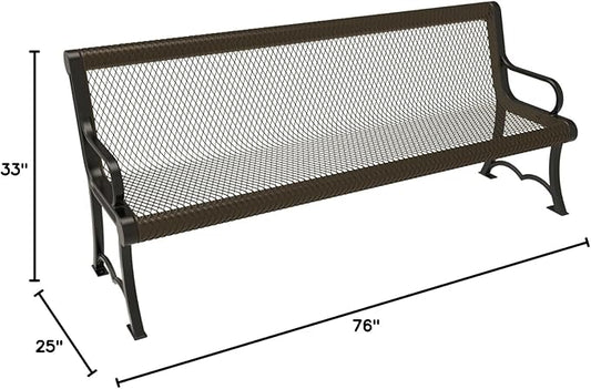 COATEDOUTDOORFURNITURE Heavy-Duty Outdoor Bench Thermoplastic Coated, Expanded Metal, Commercial-Grade Garden Bench, Made in America (Portable with Back, 6 Ft, Textured Brown)