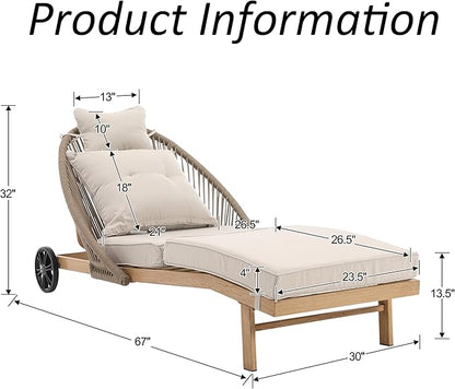 Patio Chaise Lounge Chair with Wheels, Outdoor Lounge Chairs with Thick Cushions, Patio Chaise Lounger Outdoor Handwoven Rope Armrests, Wicker Chairs for Outside, Poolside, Deck, Khaki