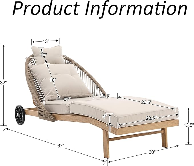 Lounge Chair Outdoor Set of 2 Chaise Lounger, Rope Lounge Chair Patio Chairs with Cushion & Backrest, Outdoor Chaise Lounges for Backyard, Poolside, Patio, Garden, Khaki