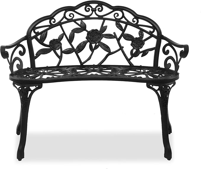 38.5” Outdoor Porch Bench with Hollow Rose Design,Elegant Garden Bench Park Bench for Backyard,Iron Bench with Arms