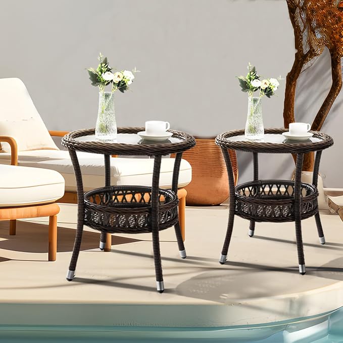 Outdoor Side Table Set of 2 Wicker End Table for Patio Rattan Side Table for Outside Brown Outdoor Patio Coffee Table - Photo 1