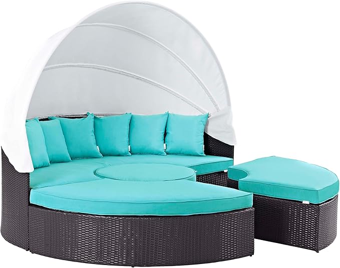 Modway Convene Wicker Rattan Outdoor Patio Retractable Canopy Round Poolside Sectional Sofa Daybed with Cushions in Espresso Turquoise