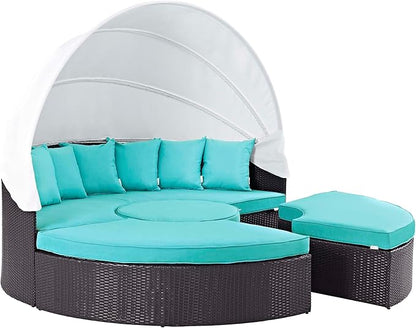 Modway Convene Wicker Rattan Outdoor Patio Retractable Canopy Round Poolside Sectional Sofa Daybed with Cushions in Espresso Turquoise