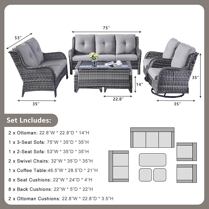 Rilyson Wicker Patio Furniture Set - 7 PC Rattan Outdoor Sectional Conversation Sets with 2 Rocking Swivel Chairs - Photo 3