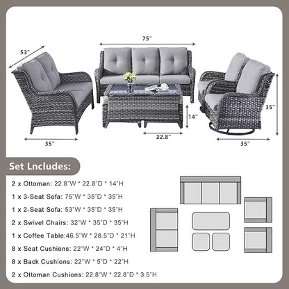 Rilyson Wicker Patio Furniture Set - 7 PC Rattan Outdoor Sectional Conversation Sets with 2 Rocking Swivel Chairs,2 Ottomans,1 Sofa,1 Loveseat and 1 Coffee Table for Porch Deck(Mixed Grey/Grey)