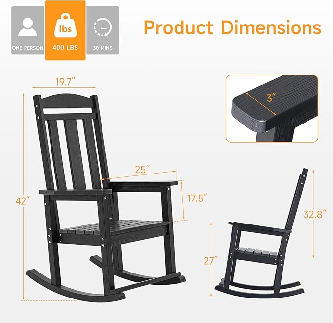 Outdoor Rocking Chair, Patio Rocking Chairs with High Back and Armrest, All Weather Oversized Porch Rocking Chairs 400 lbs Support, Black Rocking Chair with Headrest Footrest for Porch Backyard Garden
