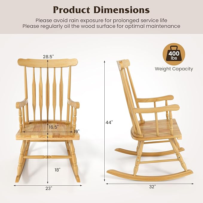 Giantex Outdoor Wood Rocking Chair - Patio Rocking Chair with Solid Rubber Wood Frame, Slat Back, Outside & Indoor Rocker for Garden, Poolside, Balcony, Backyard, Lawn, Front Porch Rocker, Natural