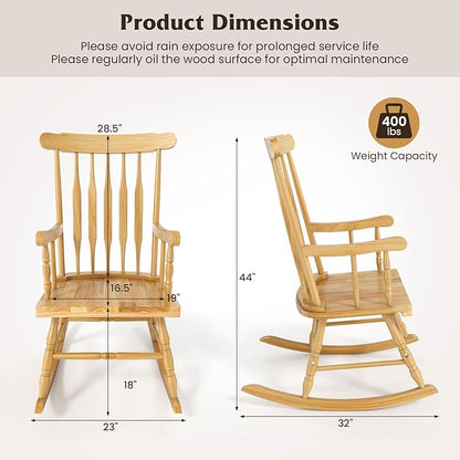 Tangkula Patio Rocking Chair Solid Wood, Outdoor Porch Rocker Chair with Rubber Wood Frame, Indoor Wooden Rocking Chair, Ideal for Garden, Backyard & Balcony (1, Natural)