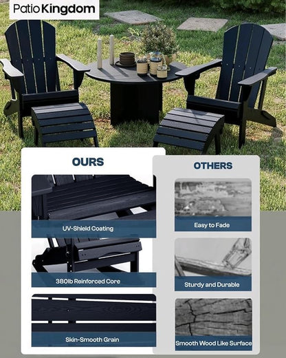 Black 6-Piece Folding Adirondack Chair Set with Cup Holders, Ottomans, Side Table & Beige 11FT Cantilever Umbrella with Base, HDPE Outdoor Chairs