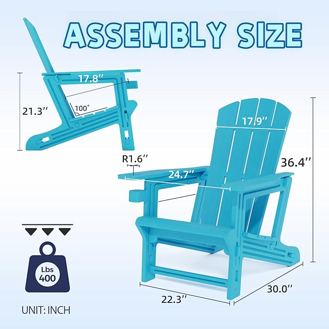 Adirondack Chair, Plastic Patio Chair Cup Holder Without Screws Install, Outdoor Chair 400 LBS Capacity, Weather Resistant for Garden Backyard Lawn Beach (Sky Blue)
