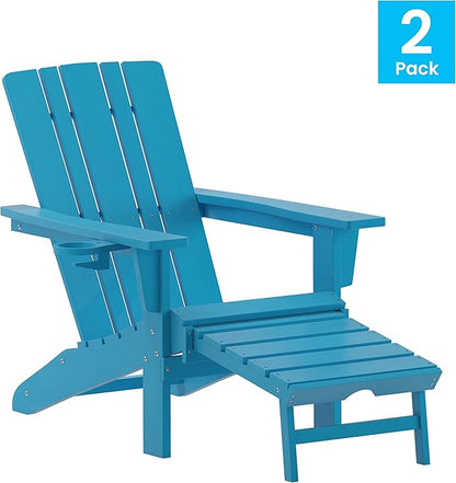 Taylor & Logan Hedley Adirondack Chair with Cup Holder and Pull Out Ottoman, All-Weather HDPE Indoor/Outdoor Lounge Chair in Blue, Set of 2
