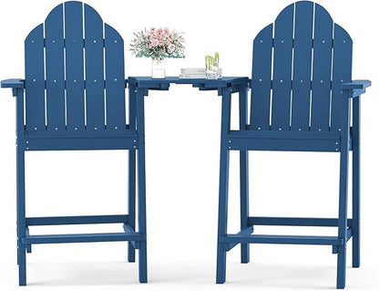 LUE BONA Tall Adirondack Chair Set of 2, All Weather HDPS Bar Height Adirondack Chair with Detachable Table & Umbrella Hole, Adirondack Barstools for Patio, Deck, Backyard & Commercial Use Navy Blue