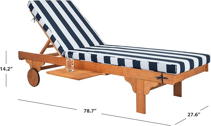 SAFAVIEH Outdoor Collection Newport Natural/ Navy & White Stripe Cushion Built-in Side Table Adjustable Chaise Lounge Chair