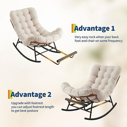 Outdoor Rocking Chair with Footrest, Oversized Patio Papasan Chairs with Cushion, Modern Lounge Rocker Chair for Indoor Living Room Garden Porch Balcony, Beige