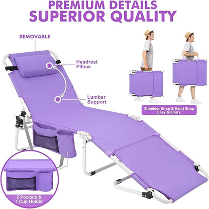 Tanning Chair with Sun Canopy Face Hole Softer Padded Adjustable Washable, Heavy Duty Layout Folding Lounge Chair for Adults Outside Beach Reading Sunbathing Poolside Lawn, UPF 50+ Sun Shade, 300 LBS