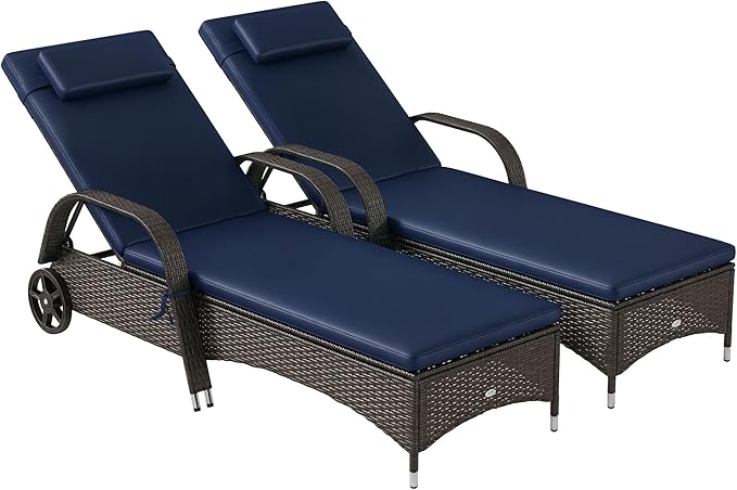 Outsunny Wicker Outdoor Chaise Lounge Set of 2, 5-Level Adjustable Backrest PE Rattan Pool Lounge Chair with Wheels, Cushion & Headrest, Mixed Brown and Dark Blue