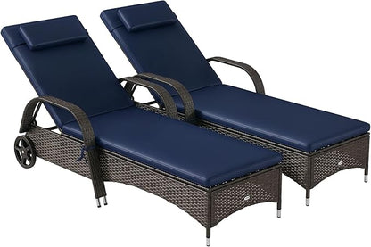 Outsunny Wicker Outdoor Chaise Lounge Set of 2, 5-Level Adjustable Backrest PE Rattan Pool Lounge Chair with Wheels, Cushion & Headrest, Mixed Brown and Dark Blue