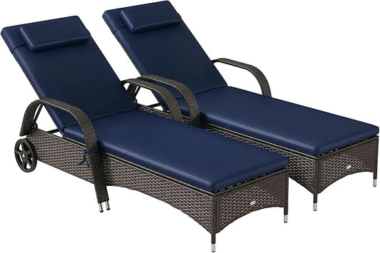 Outsunny Wicker Outdoor Chaise Lounge Set of 2, 5-Level Adjustable Backrest PE Rattan Pool Lounge Chair with Wheels, Cushion & Headrest, Mixed Brown and Dark Blue